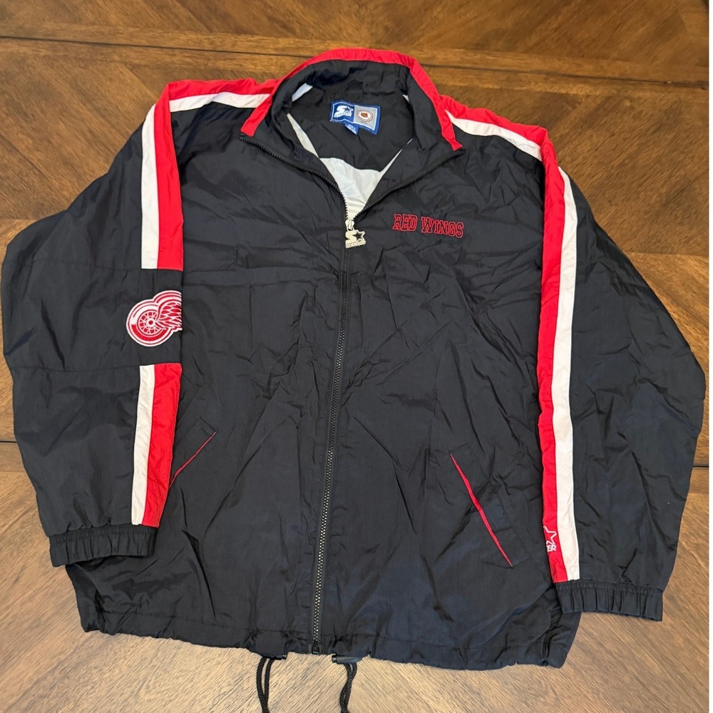 Vintage Starter NHL Detroit Red Wings Windbreaker Jacket Black Red XL Hockey